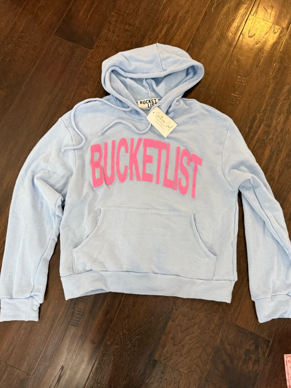 NWT Bucket List Hoodie Light Blue Pink size large